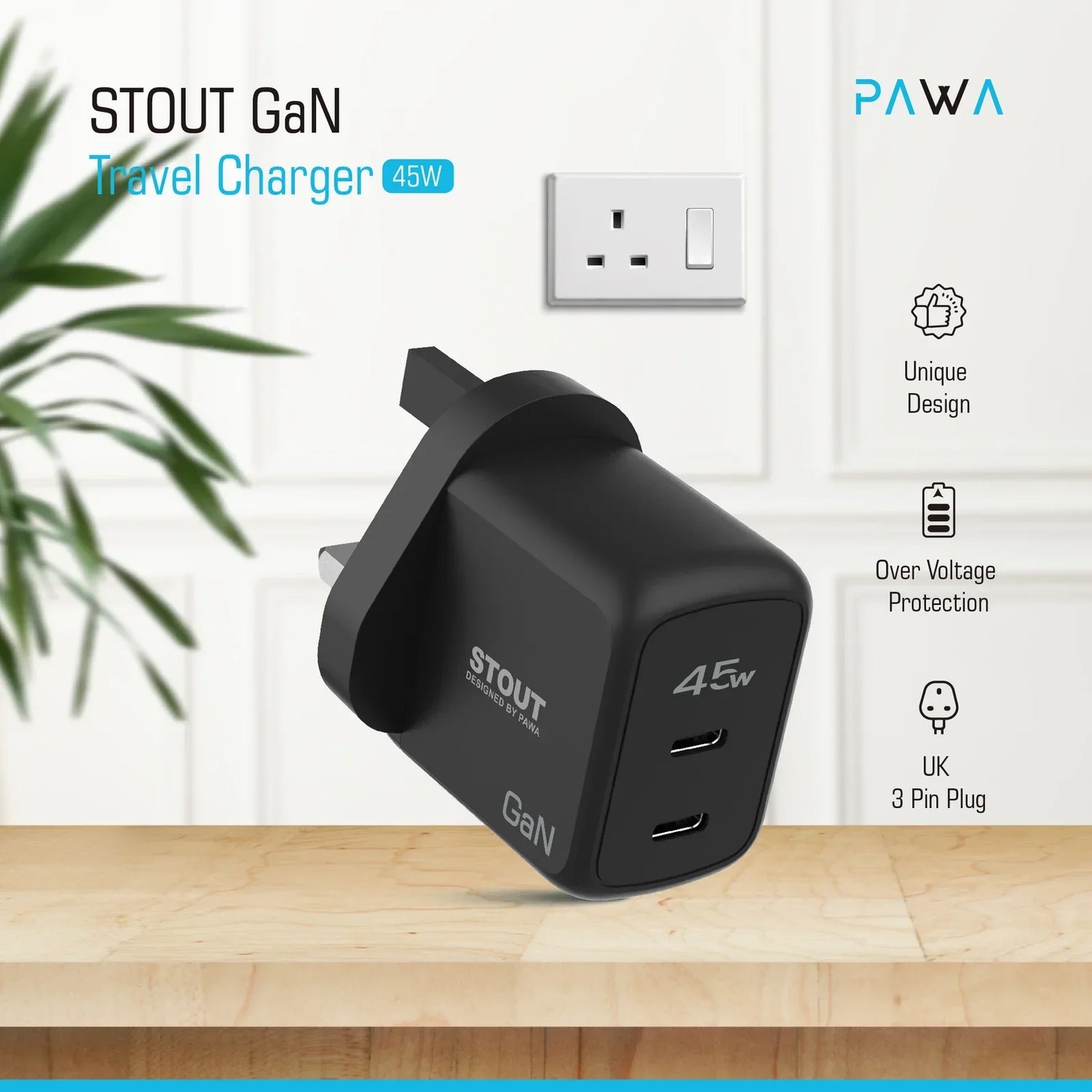 Pawa Stout Gan Travel Charger With Dual PD Port 45W-Black PW-GN45UK-BK