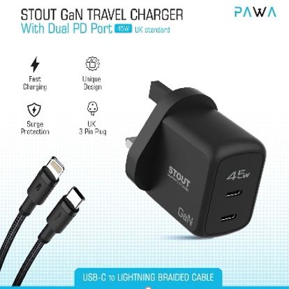 Pawa Stout Gan Travel Charger With Dual PD port 45W With Braided Type-C to Lightning Cable Black PW-GN45UKTL-BK