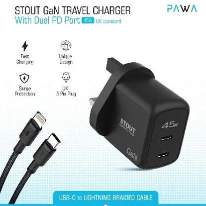 شاحن سفر Pawa Stout Gan بمنفذ PD مزدوج بقوة 45 وات مع كابل مضفر من النوع C إلى Lightning باللون الأسود PW-GN45UKTL-BK