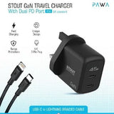شاحن سفر Pawa Stout Gan بمنفذ PD مزدوج بقوة 45 وات مع كابل مضفر من النوع C إلى Lightning باللون الأسود PW-GN45UKTL-BK