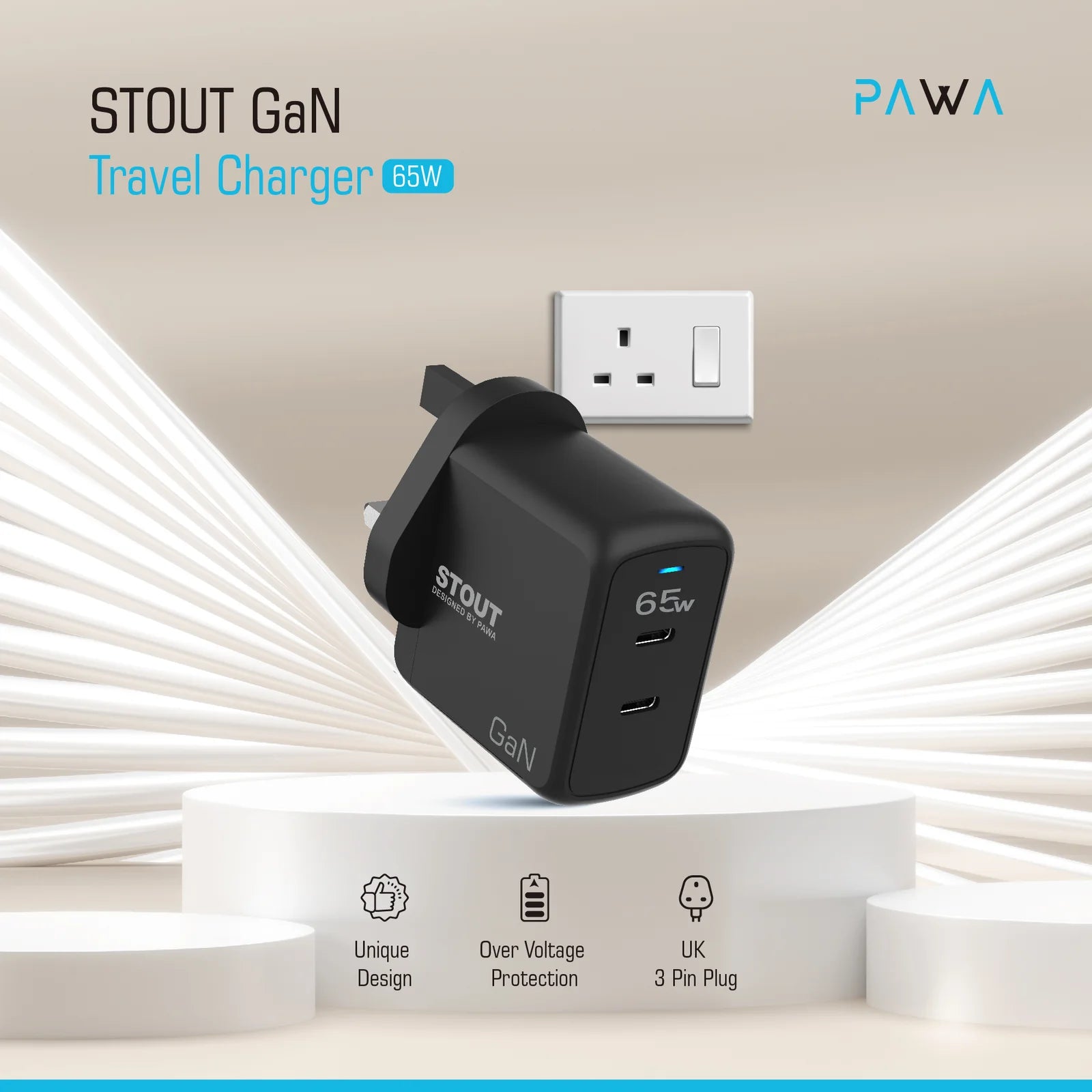 Pawa Stout Gan Travel Charger With Dual PD Port 65W-black PW-GN65UK-BK