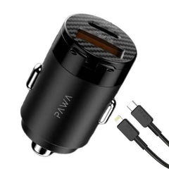 PW-PDTCN65WL-BK , Pawa Supermini Dual Port Car Charger 65W with braided Type-c to Lightning cable-black - GulfStore.com