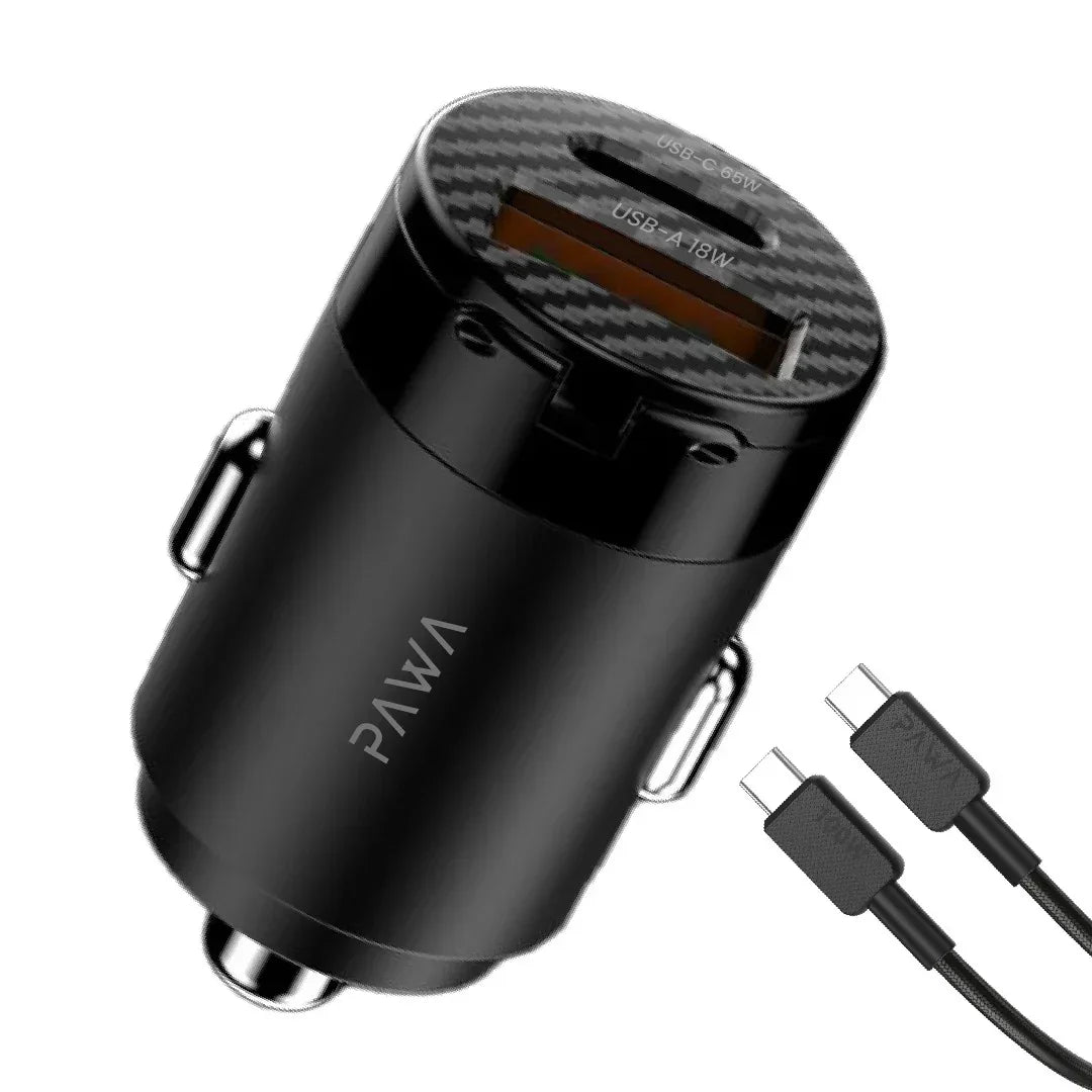 شاحن سيارة Pawa Supermini مزود بمنفذ PD+QC يتضمن كابل USB-C إلى USB-C مضفر