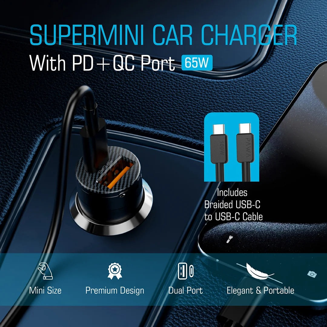 شاحن سيارة Pawa Supermini مزود بمنفذ PD+QC يتضمن كابل USB-C إلى USB-C مضفر