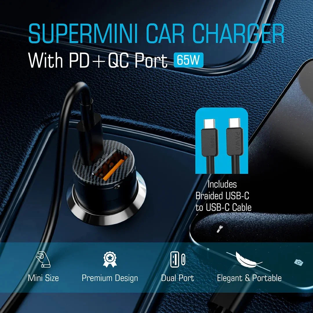شاحن سيارة Pawa Supermini مزود بمنفذ PD+QC يتضمن كابل USB-C إلى USB-C مضفر