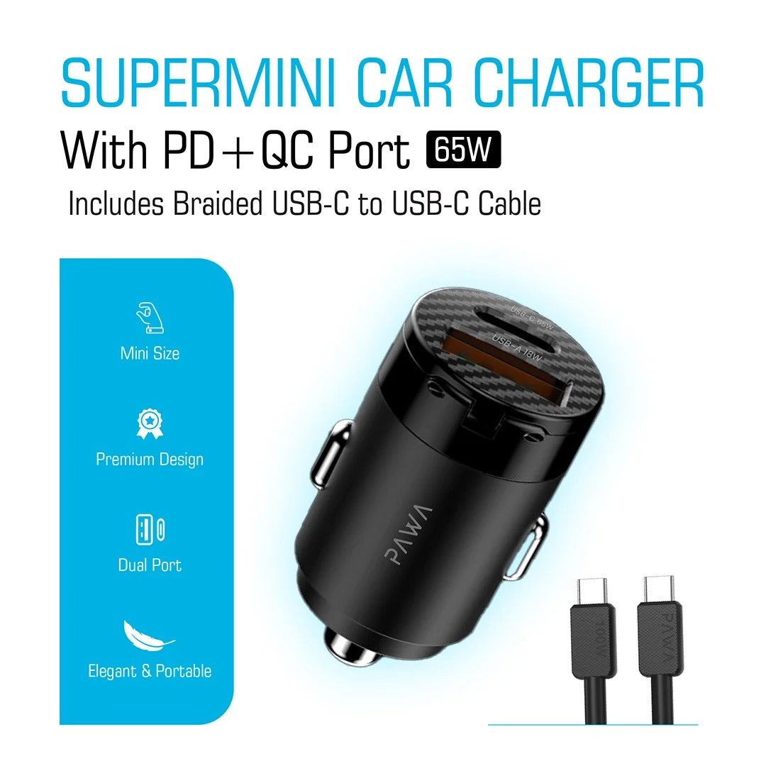 شاحن سيارة Pawa Supermini مزود بمنفذ PD+QC يتضمن كابل USB-C إلى USB-C مضفر