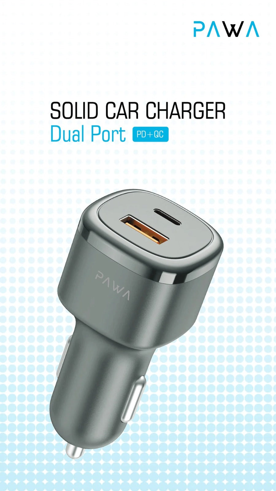 Pawa sold car charger - Dual Port - PD+QC - Includes Braided Type-C to Type-C