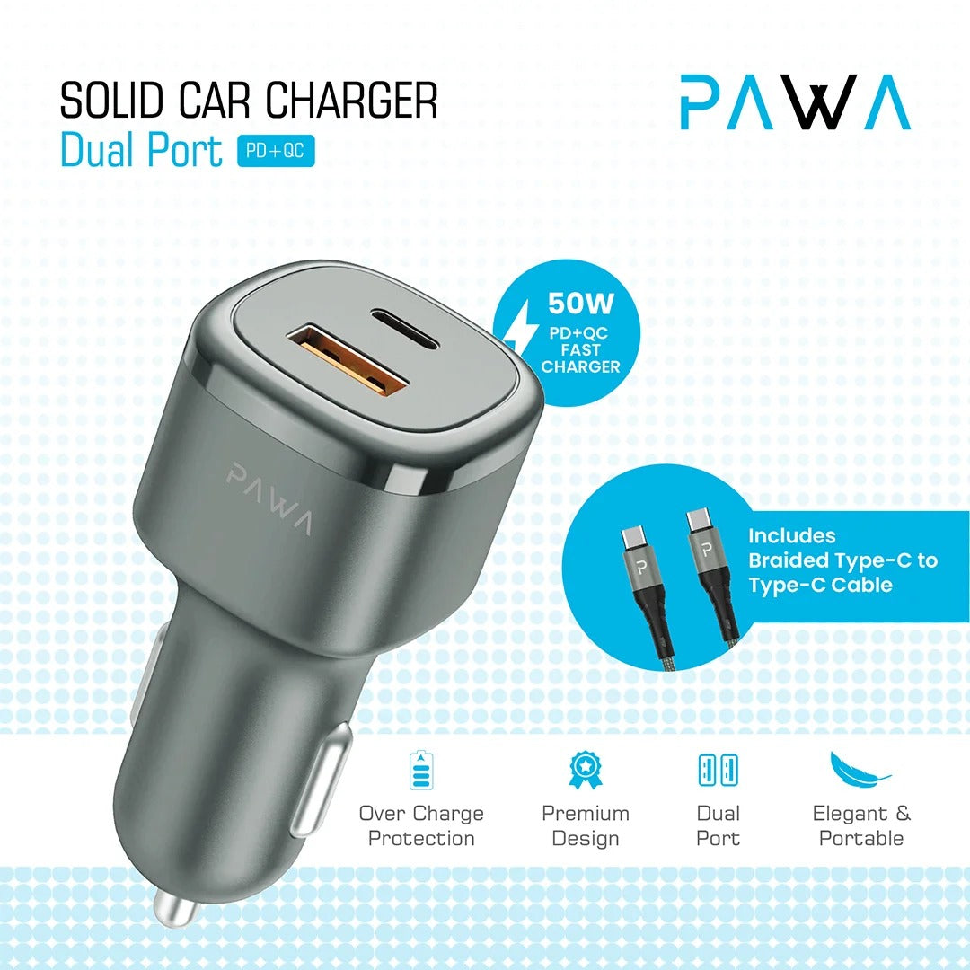 Pawa sold car charger - Dual Port - PD+QC - Includes Braided Type-C to Type-C