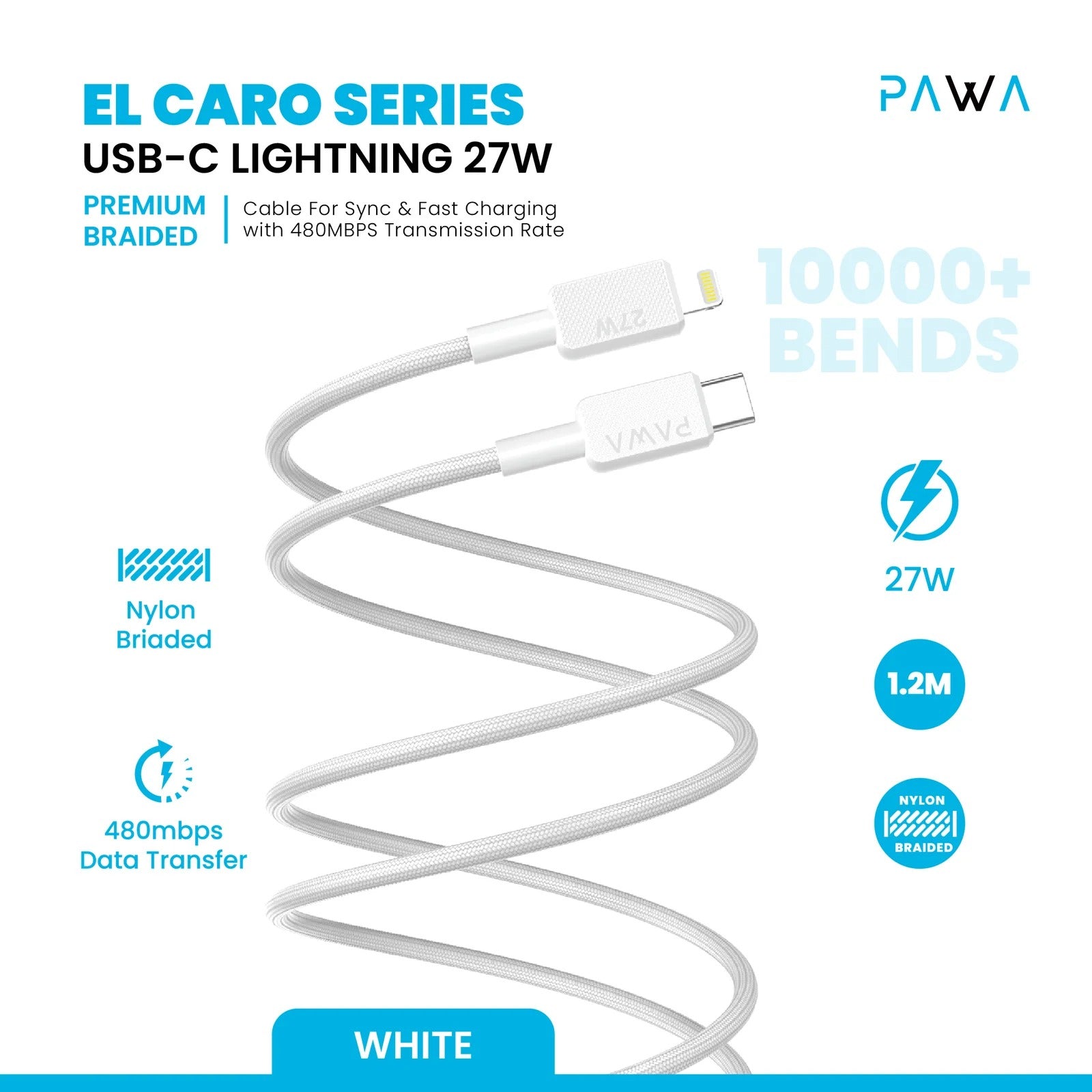 Pawa El-Claro Series Premium Braided Cable USB-C to lightning 27W - 1.2M - White