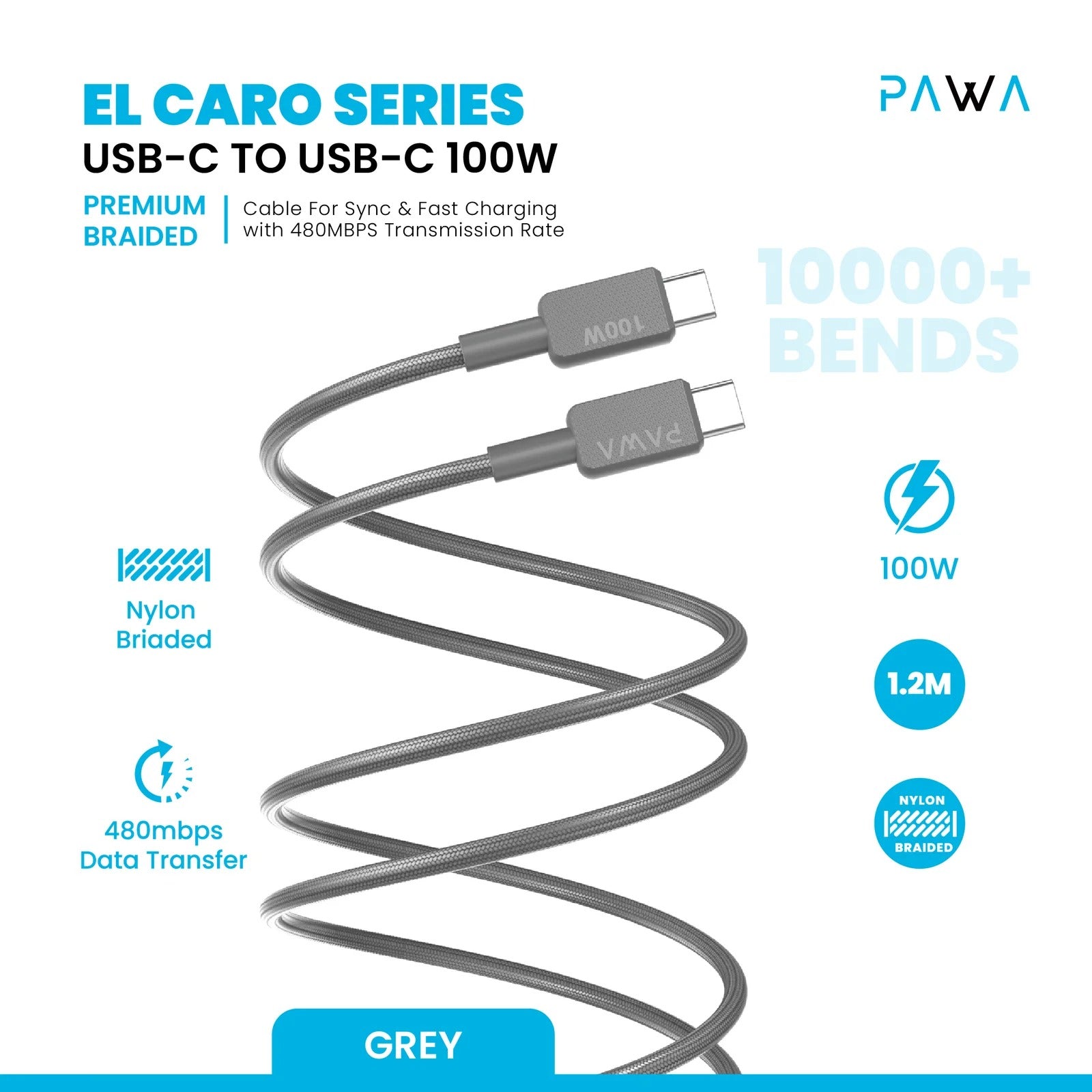 كابل مضفر ممتاز من سلسلة Pawa El-Claro من USB-C إلى USB-C بقوة 100 وات