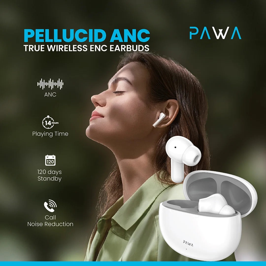 سماعات أذن Pawa Pellucid ANC True Wireless - رمادي وأبيض