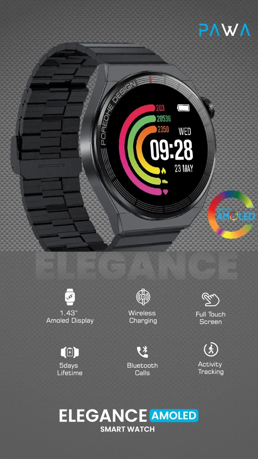 Pawa Elegance Amoled Smart Watch - Black