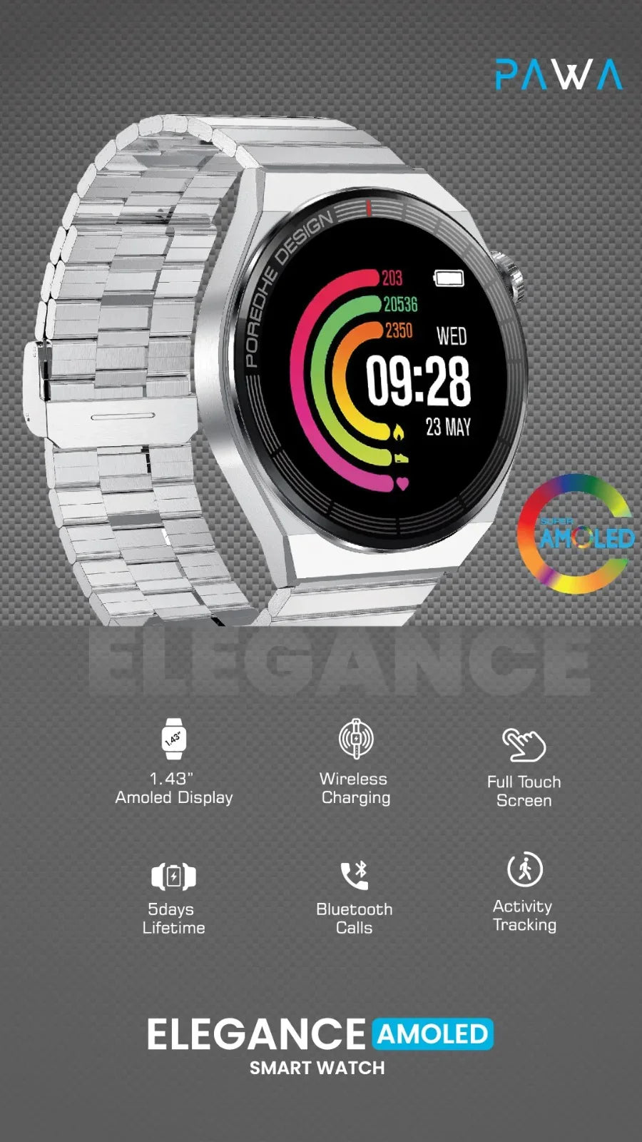 ساعة Pawa Elegance Amoled الذكية - فضية
