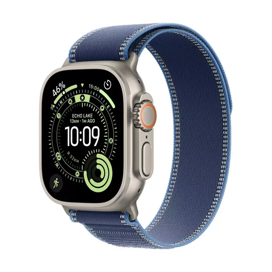 Apple Watch Ultra 3 GPS + Cellular 49mm Natural Titanium Case with Blue/Bright Blue Trail Loop - S/M - GulfStore.com