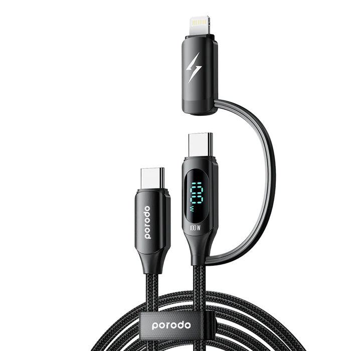 Porodo Dual-Connector Type-C Fast Charging Cable With Power Display 1.2m-Black