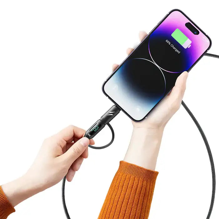 Porodo Dual-Connector Type-C Fast Charging Cable With Power Display 1.2m-Black - GulfStore.com