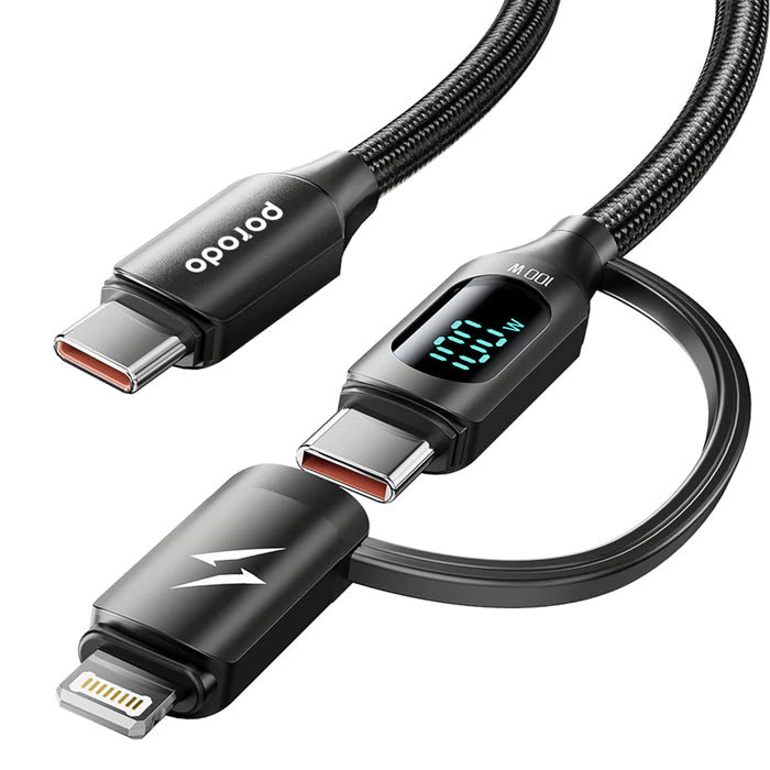 Porodo Dual-Connector Type-C Fast Charging Cable With Power Display 1.2m-Black
