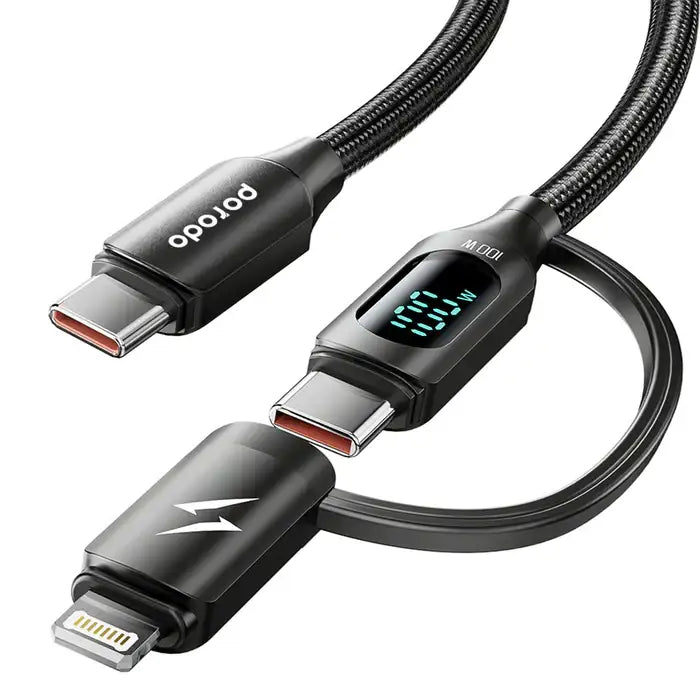 Porodo Dual-Connector Type-C Fast Charging Cable With Power Display 1.2m-Black - GulfStore.com