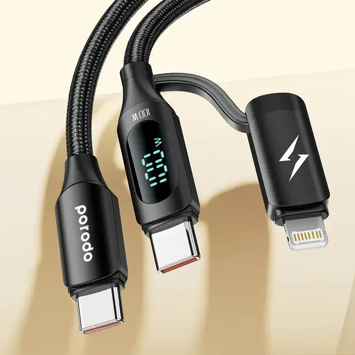 Porodo Dual-Connector Type-C Fast Charging Cable With Power Display 1.2m-Black - GulfStore.com