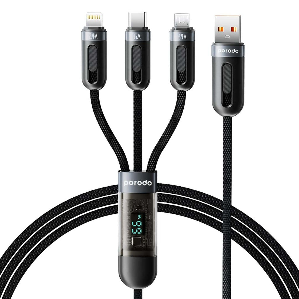 Porodo Multi-Connector USB-A Fast Charging Display Cable Lightnin / Type-C  / Micro USB 1.2m-Black