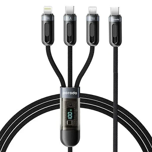 كابل شحن سريع 3 في 1 بشاشة رقمية من بورودو بطول 1.2 متر من النوع C إلى النوع C + Lightning + Micro - أسود