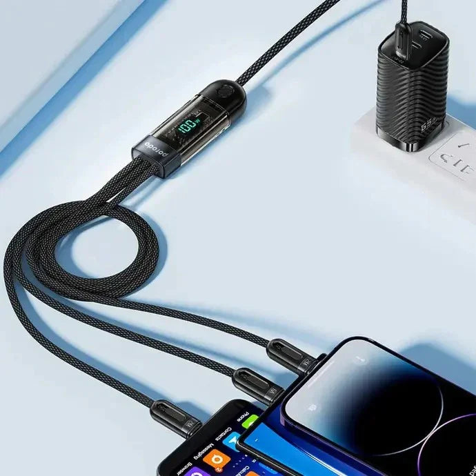 Porodo 3-IN-1 Digital-Display Fast Charging 1.2M Cable Type-C to Type-C + Lightning + Micro - BLACK