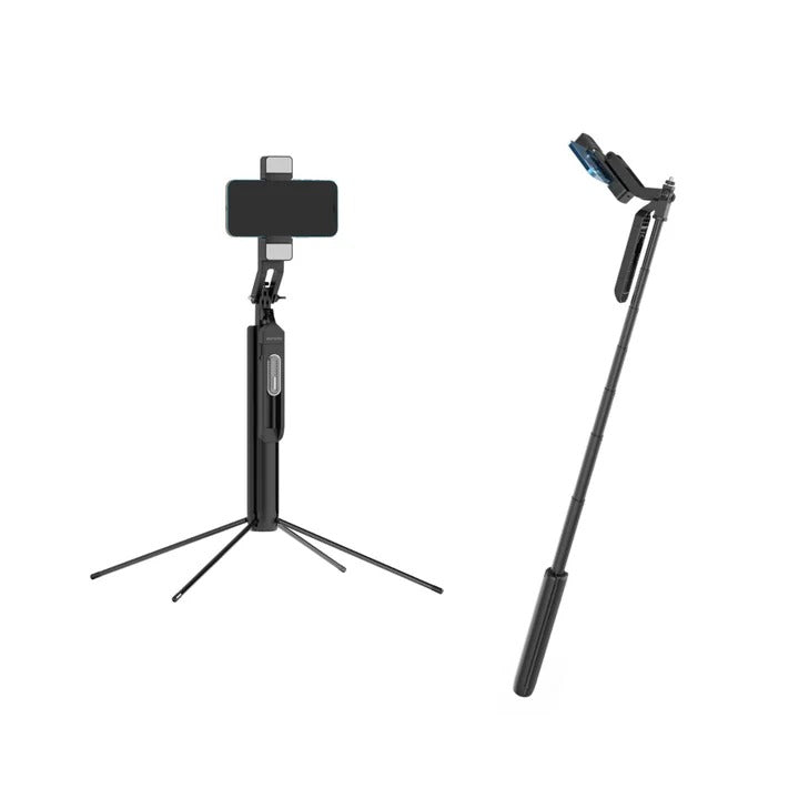 Porodo Selfie Stick 185cm Extendable with Dual Detachable Lights, 4 Leg Tripod, and Remote control - Black