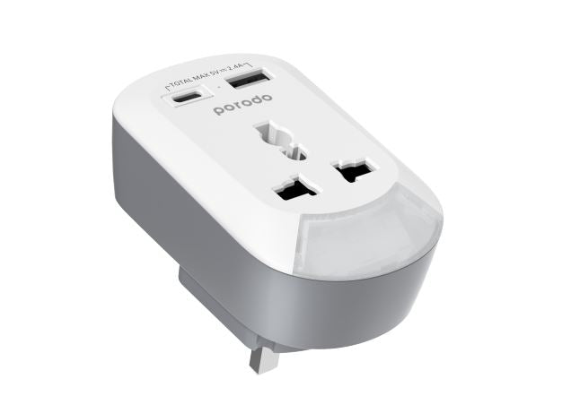 Porodo Universal AC Socket UK Plug Adapter Nightlight/USB-A /USB-C White  