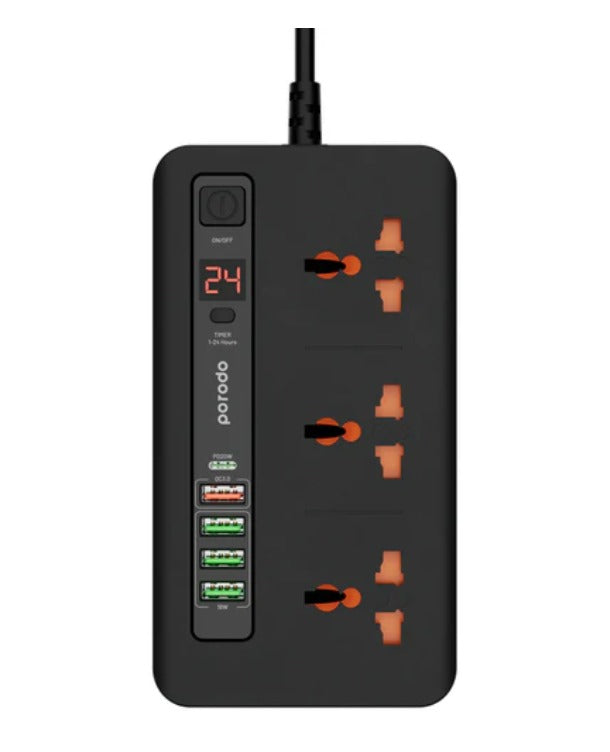 Porodo Multi-Port Super HUB 2 USB-C/ 4 USB-A Universal AC Sockets - 3 Meter / Black