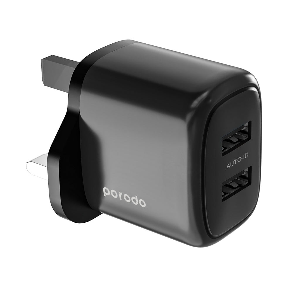 Porodo Dual USB Fast Charger with Auto ID Technology Black PD-12WDAUK-BK