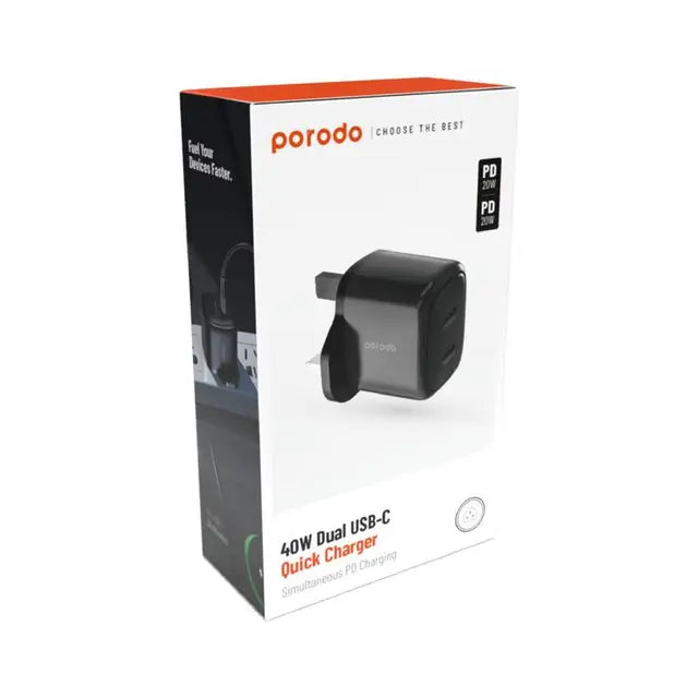 Porodo Dual Port USB-C Wall Charger Charge Two Devices Simultaneously Black  PD-40WDC-BK