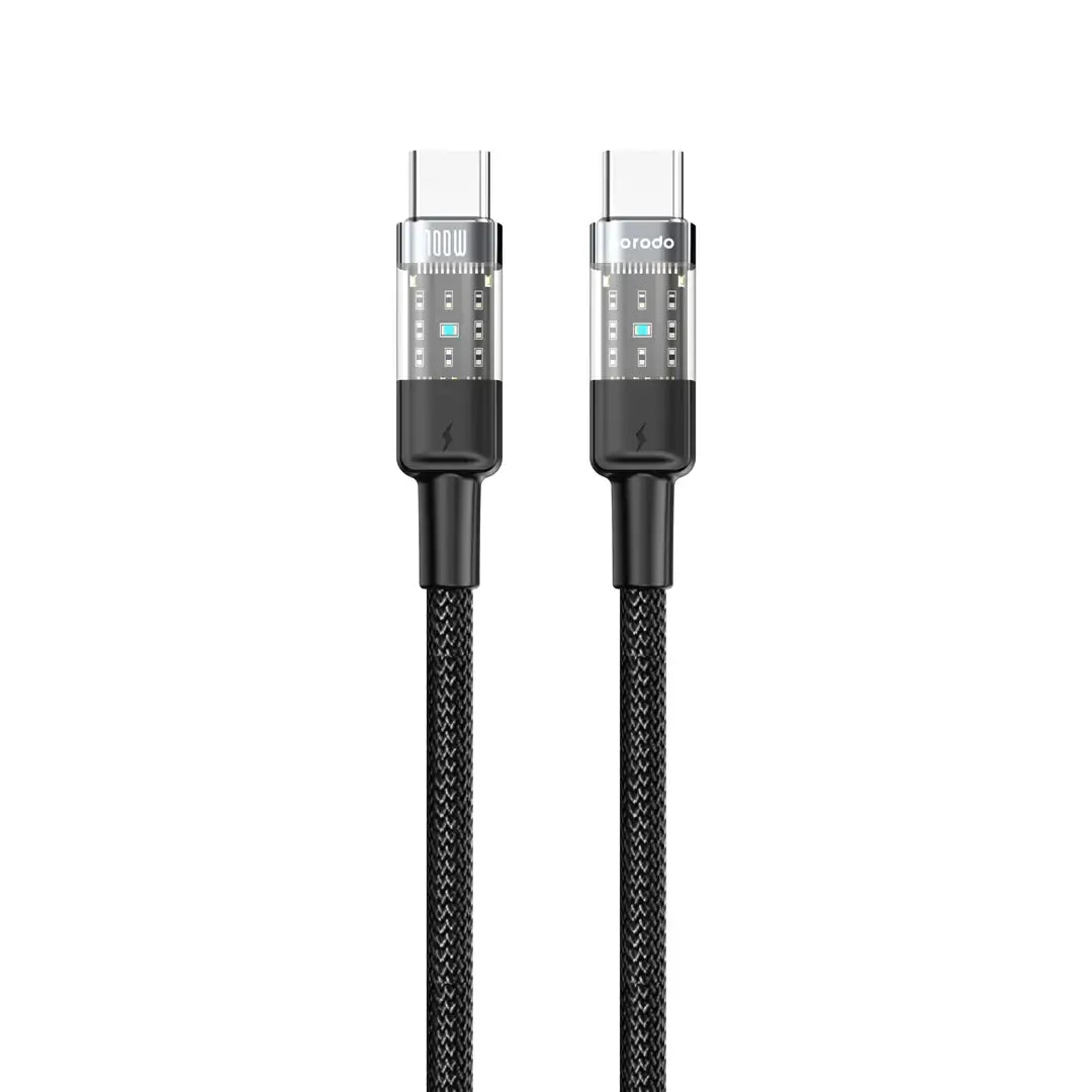 CCTH-BK | Porodo Braided Cable Transparent USB-C To USB-C Fast Charge & Data 1.2m/4ft-PD-100W | Black - GulfStore.com