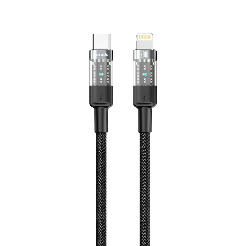 كابل شحن سريع مضفر من Porodo بقوة 30 وات PD C إلى Lightning برأس شفاف بطول 1.2 متر
