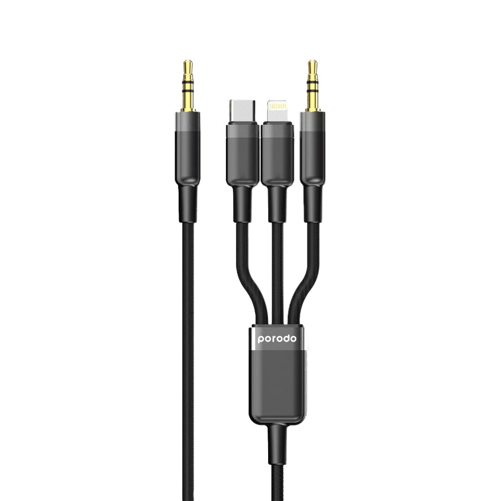 Porodo Multi-Device AUX 3.5mm|Type-C|Lightning Cable(4ft/1.2m) - PD-AUX3N1-BK