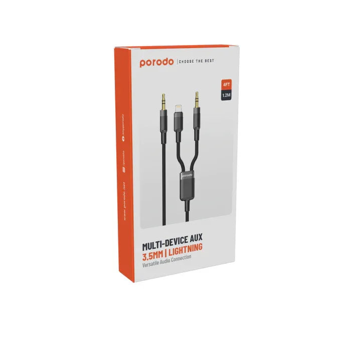 كابل AUX 3.5 مم متعدد الأجهزة من Porodo | كابل Lightning (4 أقدام/1.2 متر) PD-AUX2LC-BK
