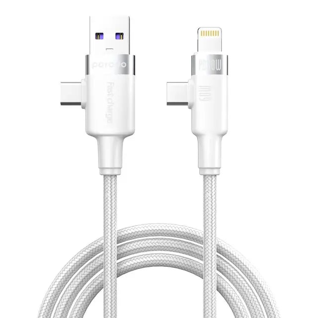 Porodo Dual Connector Universal Cable Lightning, Type-C, USB-A White  