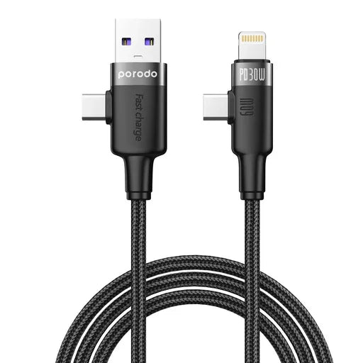 كابل بورودو ثنائي الموصلات عالميًا Lightning، Type-C، USB-A، أسود