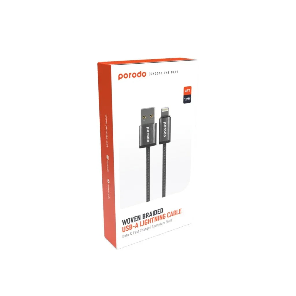 كابل USB A إلى Lightning 2.4A من Porodo Woven بطول 1.2 متر - أسود