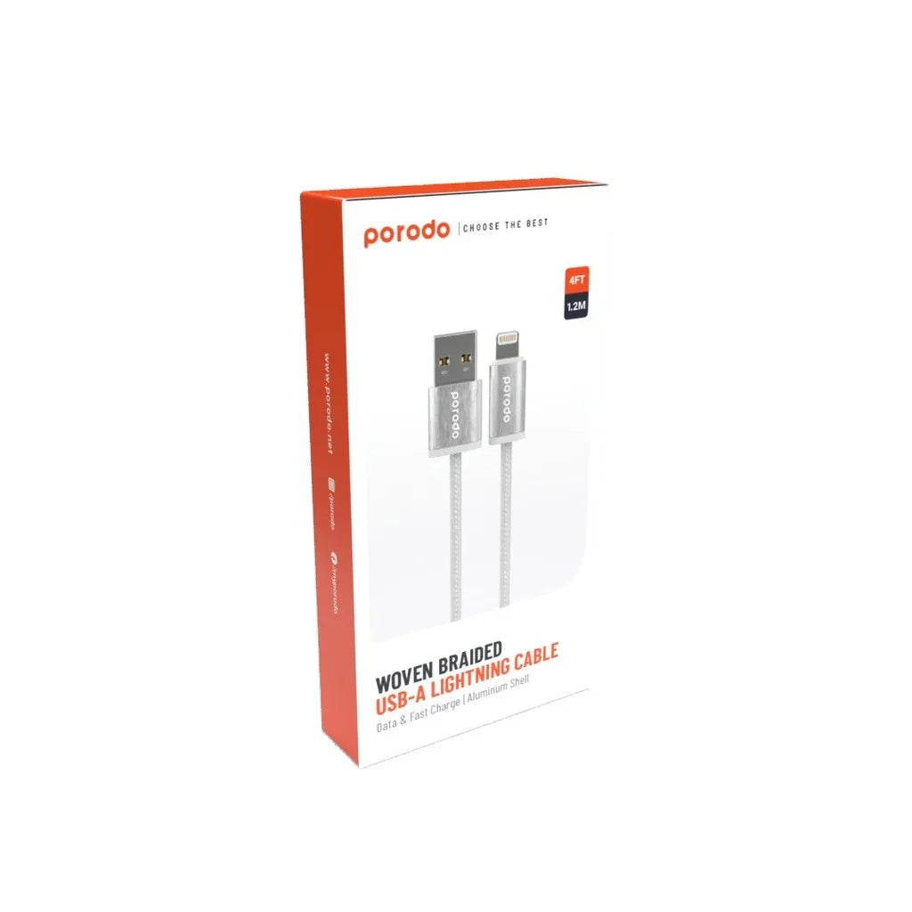 كابل USB A إلى Lightning من Porodo Woven 2.4A بطول 1.2 متر - أبيض