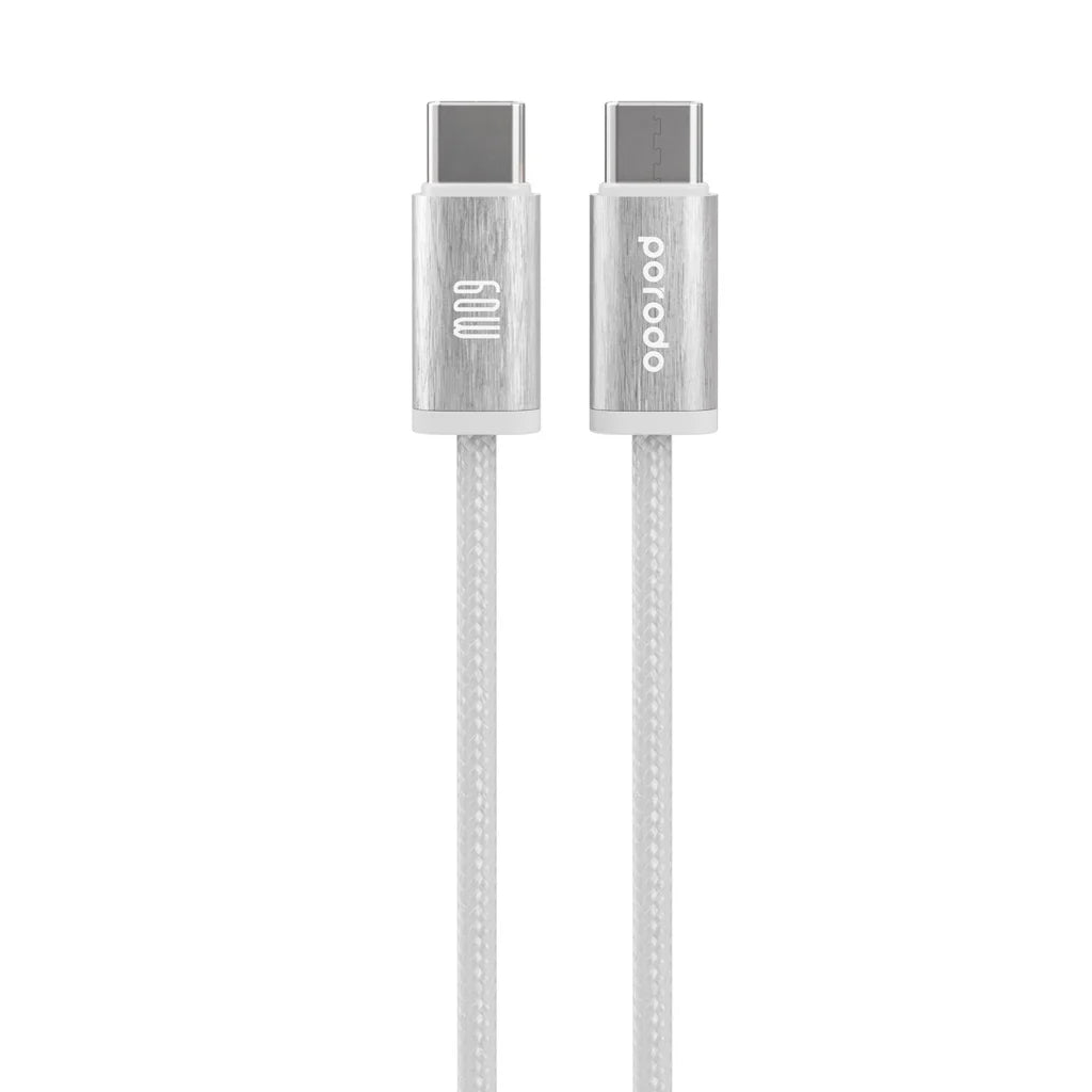Porodo Woven Braided USB-C To Type-C Cable Data & Fast Charge Aluminum Shell 1.2m/4ft White