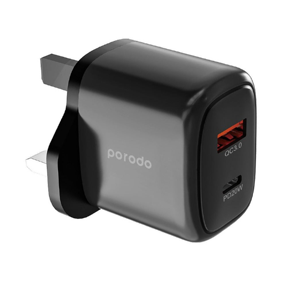 Porodo 20W+QC USB A+C Charger UK with C-Lightning 1.2M Cable - Black