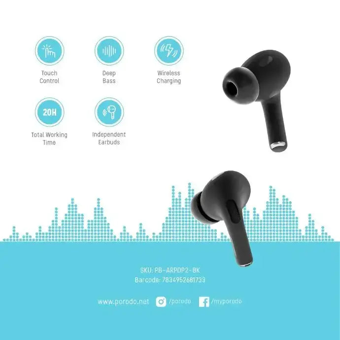 Porodo Blue Deep Bass Wireless Earbuds Pro 2 with Swipe Volume - Black - GulfStore.com