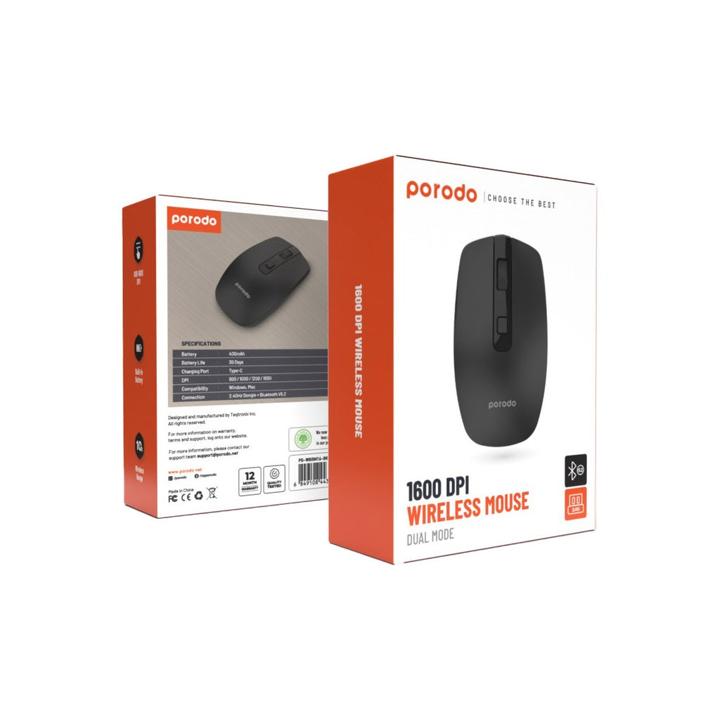 Porodo 1600 DPI Wireless Mouse Dual Mode Black