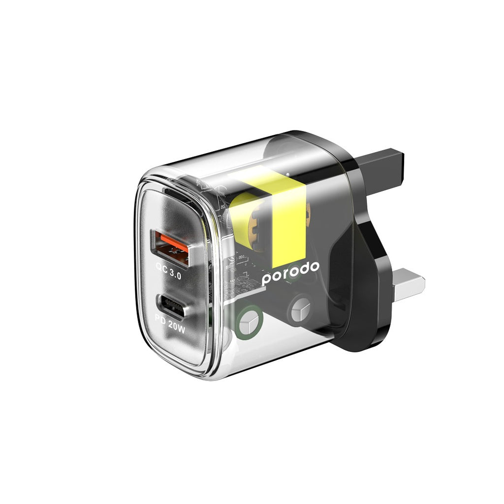 Porodo Dual Output Transparent Quick Charger USB-C PD And USB-A QC UK (PD-T20WACUK-BK)