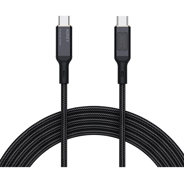 Aukey Nylon Braided USB C to USB C Cable with LCD Display 1.8m / 100W - Black