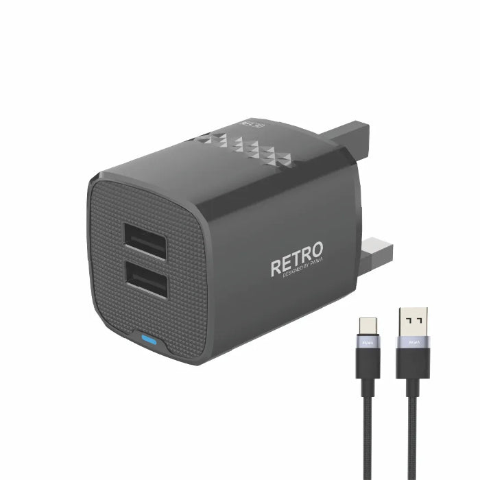 PW-TCR31UKT-BK | محول سفر باوا ريترو بمنفذي USB بقوة 3.1 أمبير مع قابس بريطاني وكابل من النوع C | أسود