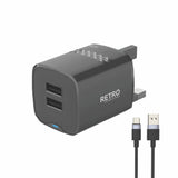 PW-TCR31UKT-BK | محول سفر باوا ريترو بمنفذي USB بقوة 3.1 أمبير مع قابس بريطاني وكابل من النوع C | أسود