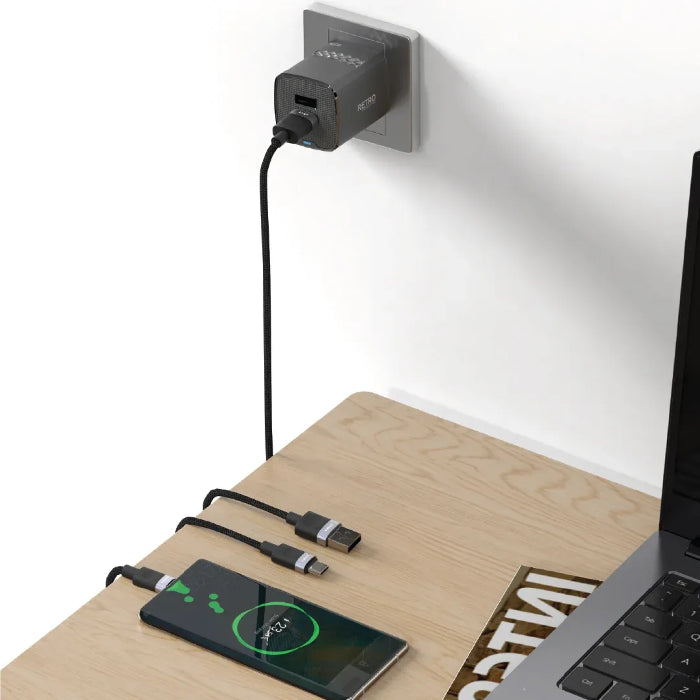 PW-TCR31UKT-BK | محول سفر باوا ريترو بمنفذي USB بقوة 3.1 أمبير مع قابس بريطاني وكابل من النوع C | أسود