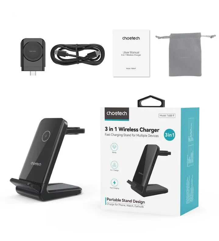 Choetech 3in1 wireless charging with removable iwatch charger holder (Compatible with both Apple and Samsung) black