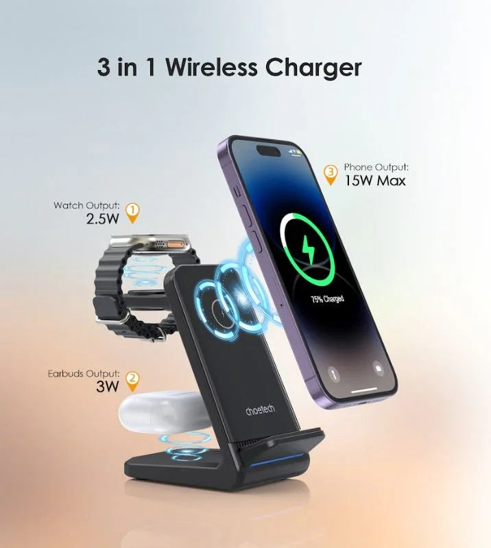 Choetech 3in1 wireless charging with removable iwatch charger holder (Compatible with both Apple and Samsung) black